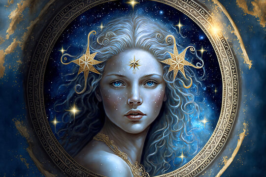 Zodiac sign of Virgo, fictional beautiful woman with magic starry sky, generative AI