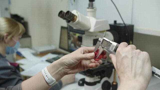 Laboratory assistant measures width of red thermal washer using electronic caliper. Research of product parameters in modern laboratory closeup