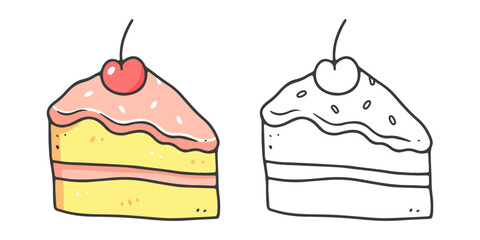 A piece of cake coloring book with an example of coloring for children. Coloring page with food. Monochrome and color version. Vector children's illustration.