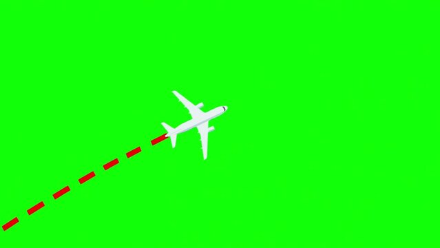 Airplane flying on green screen from lower left to upper right corner, leaving dotted line path behind, 4k template animation