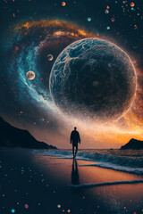 Surreal illustration depicting a person walking on a beach under a dark alien sky on another planet - generative ai