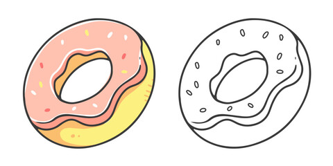 Pink donut coloring book with coloring example for kids. Coloring page with food. Monochrome and color version. Vector children's illustration.