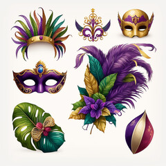 Mardi Gras Elements Illustration Vector Set - Mask Feathers - Purple Green Gold - Generative AI - obrazy, fototapety, plakaty