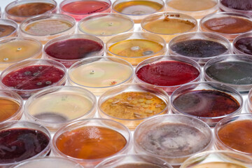 photo of collection of plastic plates containing culture media with growth of microorganisms