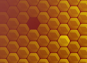 Modern geometric orange hexagons on red, abstract technology background. High resolution full frame geometric honeycomb pattern with copy space.
