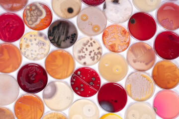 photo of collection of plastic plates containing culture media with growth of microorganisms