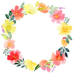 Watercolor floral wreath. Pink, yellow, red summer flowers. For greeting card, wedding or birthday invitation, poster, stickers and other printing. Isolation on white. Hand painting floral frames.
