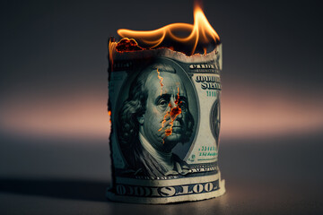 Burning one hundred dollar bill. US financial crisis, lockdown and inflation - Generative AI