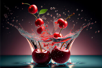 Cherry fruits splashing into water - generative ai