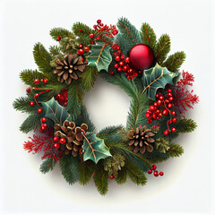 Fototapeta na wymiar Beautifully decorated Christmas wreath on a white background - generative ai