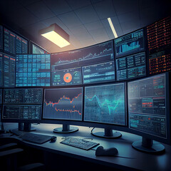 Control room, group of large screens showing charts and numbers, stock prices - generative ai