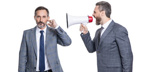 businessmen ignore shouting in megaphone isolated. businessmen ignore shouting in megaphone