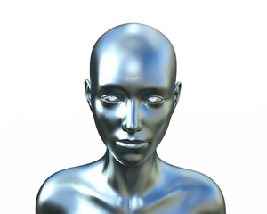 3d illustration of a female bald silver head on a white background. Metal mannequin.