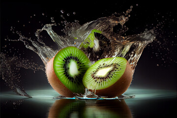 Kiwi fruit slices splashing into water - generative ai © Infinite Shoreline