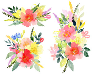 Watercolor clipart set with colourful flowers for summer wedding invitations or for other. Hand-painted watercolor illustrations. Isolation on white. This set is perfect for a screen or printing.