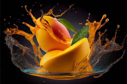 Mango Fruit Slices Splashing Into Water - Generative Ai