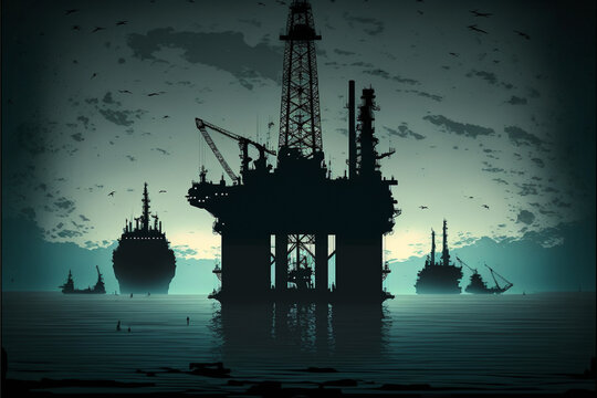 Silhouette Of A Offshore Oil Refinery - Generative Ai