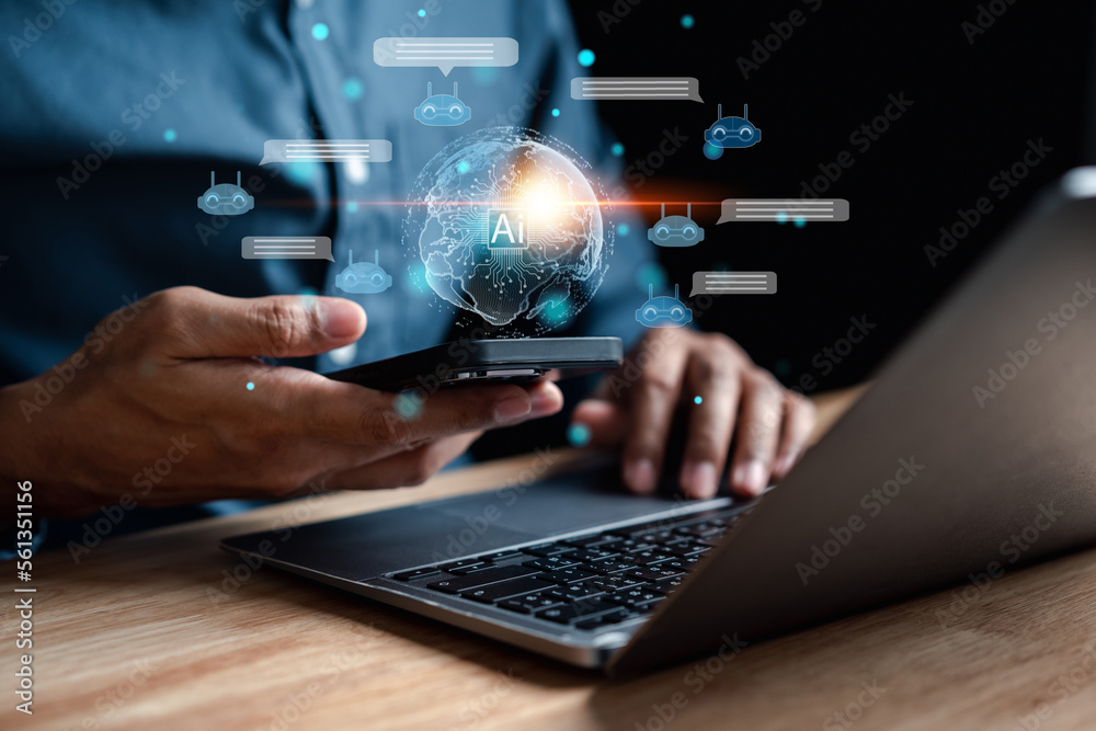 Fototapete Businessman using chatbot in computer smart intelligence Ai.Chat GPT Chat with AI Artificial Intelligence, developed by OpenAI generate. Futuristic technology, robot in online system.