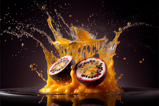 Passion fruit slices splashing into water - generative ai
