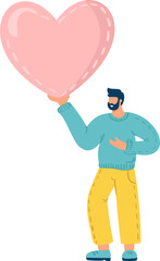 Happy Valentine Day Surprise. Man holding Huge Heart Present. Loving Person, Character go to Dating, Seniors Love, Romance Feelings. Cartoon People Vector Illustration