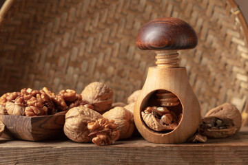 Walnuts on an old wooden table.