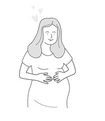A pregnant girl hugs her stomach. A woman is expecting a baby. Vector line art graphics.