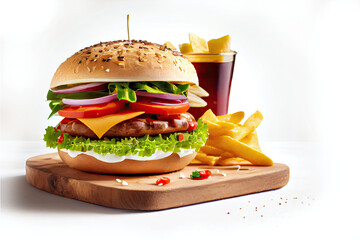 Hamburger with fries, fast food, isolated background
