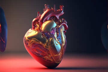 Abstract heart, symbiotic of medicine and fantasy, metal, colorful, fragments, focus, gold created with generative ai technology