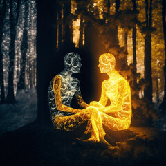 lovers sitting in the forest, meditating, focused, super bright white light aura surrounding him and entering his body, yellow light exiting from his hear 8k,generative ai 