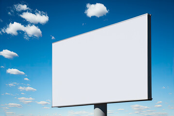 Fototapeta premium Mockup blank white billboard, blue sky, white clouds. Generative AI