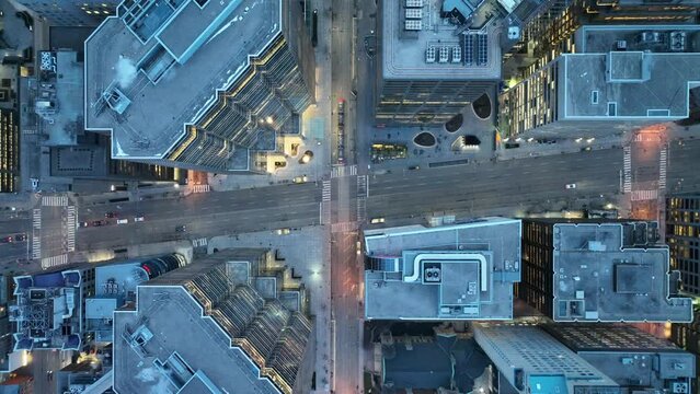 Aerial cinematic TTC street car downtown Toronto morning 2
