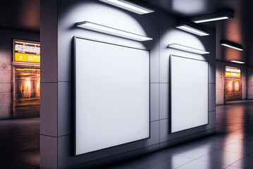 Two mockup blank white signs in underground subway. Generative AI