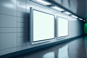 Two mockup blank white signs in underground subway. Generative AI