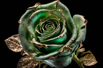 A green rose with intricate gold & silver detailing, a luxurious & elegant display of freshness & fertility