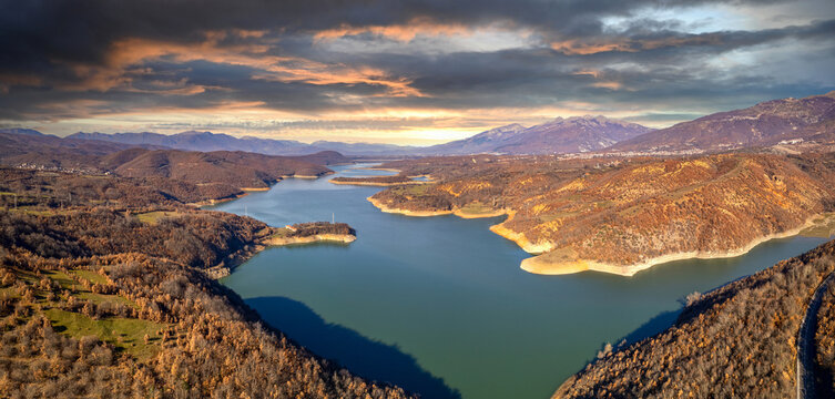 Debar lake near city of Debar at sunset, an autumn landscape full of colors. North Macedonia, Europe.