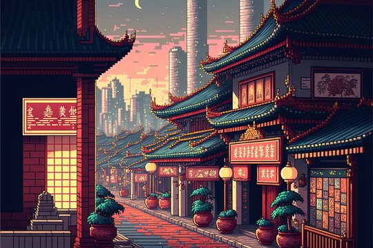 Pixel art chinese street with temples, lamps and trees, chinese new year decoration, background in retro style for 8 bit game, Generative AI