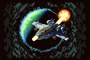 Pixel art of spaceship flying over planets, background in retro style for 8 bit game, Generative AI