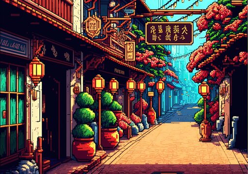 Pixel art chinese street with temples, lamps and trees, chinese new year decoration, background in retro style for 8 bit game, Generative AI