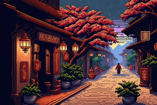 Pixel art chinese street with temples, lamps and trees, chinese new year decoration, background in retro style for 8 bit game, Generative AI