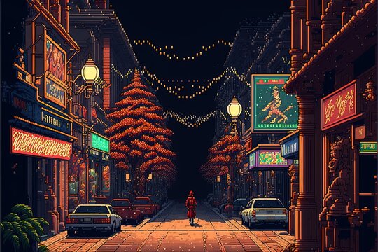 Pixel art chinese street with temples, lamps and trees, chinese new year decoration, background in retro style for 8 bit game, Generative AI