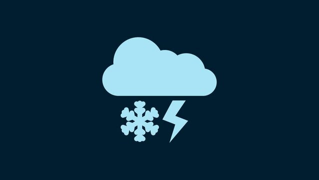 White Cloud with snow and lightning icon isolated on blue background. Cloud with snowflakes. Single weather icon. Snowing sign. 4K Video motion graphic animation