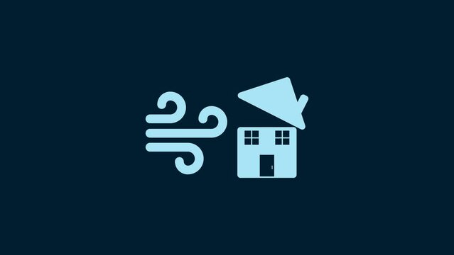 White Tornado swirl damages house roof icon isolated on blue background. Cyclone, whirlwind, storm funnel, hurricane wind icon. 4K Video motion graphic animation