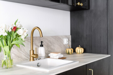 modern water tap, sink and dark furniture at kitchen