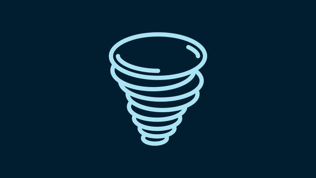 White Tornado icon isolated on blue background. Cyclone, whirlwind, storm funnel, hurricane wind or twister weather icon. 4K Video motion graphic animation
