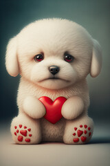 ai generated illustration of a sad looking white puppy with a red heart in the paws