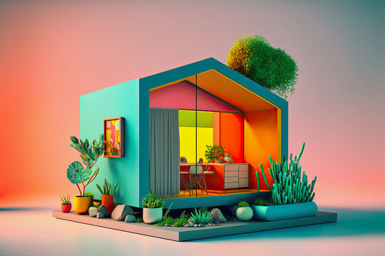 ai midjourney generated 3d render illustration of a tiny turquoise house model