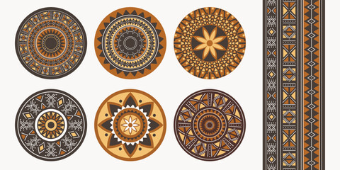 Set of African decorative elements. Round ornament pattern. Collection of mandalas in tribal style.