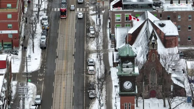 Aerial cinematic bloor st keingsinton market Toronto winter TTC 7