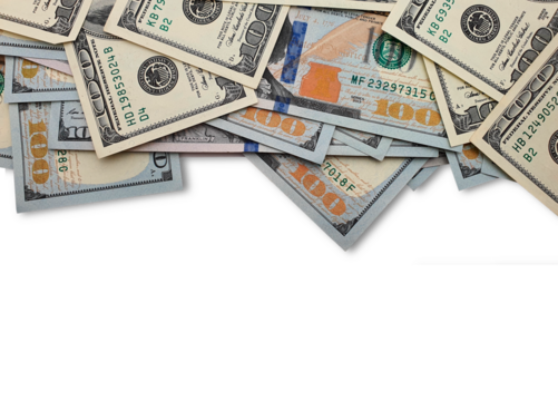Banknotes denominated 100 US dollars from above, like a cloud. Transparent background. Place for your text. Cash American dollars. Concept of dollars close up. Hundred dollar banknotes. Top view of a  - Powered by Adobe
