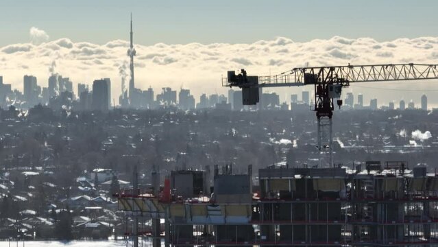 Aerial Cinematic construction downtown Toronto Morning 1